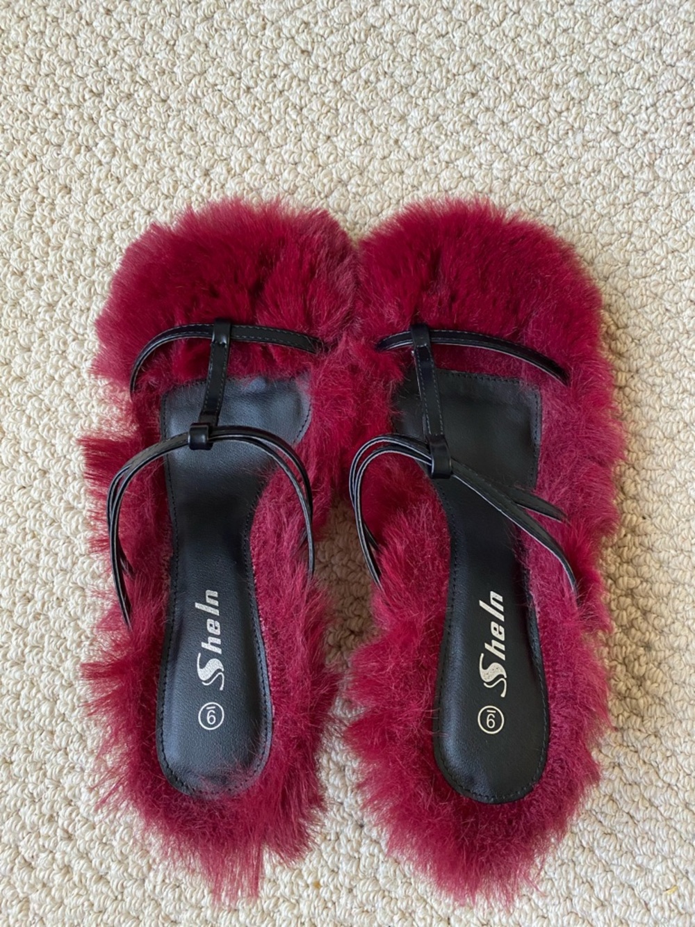 SHEIN Burgundy Faux-Fur Slip-On Mules with Black Straps